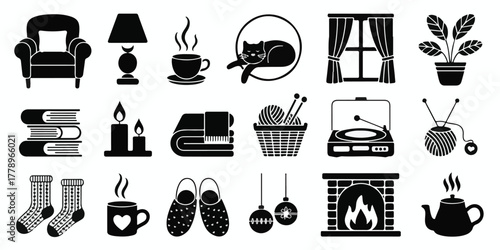 Black and white cozy home decor silhouette set featuring armchair, lamp, coffee cup, cat, books, candles, socks, fireplace, and teapot minimalist illustration.