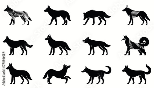 A collection of twelve black silhouettes of dogs and wolves in various breeds and poses on a white background.
