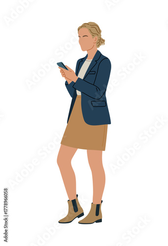Minimalist vector illustration of a woman in navy blazer and beige skirt using a smartphone. Modern professional business style on transparent background, clean flat design
