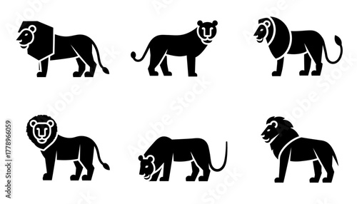 A set of six black graphic icons featuring stylized lions and a lioness in various standing and walking poses.