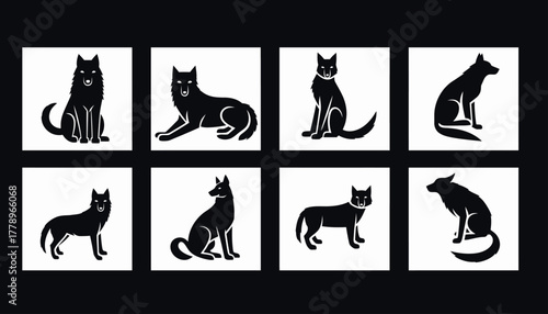A grid of eight stylized black and white icons depicting canines and felines in various poses, such as sitting, standing, and lying down.