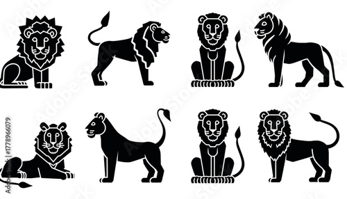 A set of eight stylized black lion icons and silhouettes in various majestic poses like sitting, standing, and profile views.