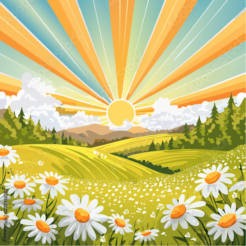 Late summer country landscape with daisies meadow and sunbeam