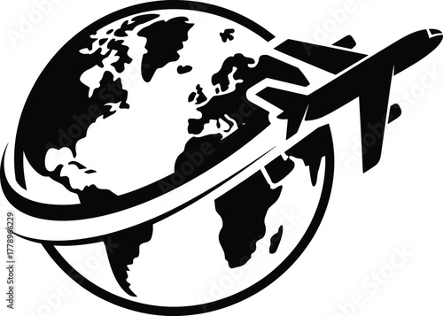 Airplane flying around Earth globe vector illustration for global travel, international logistics, worldwide tourism, aviation, transportation, and connectivity concept.