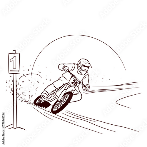 snowsport  vectors: Mountain biker racing on a dirt track near a checkpoint sign  