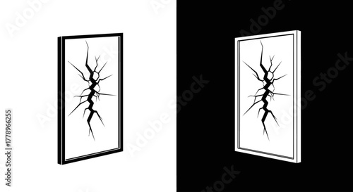 A minimalist black and white illustration of a shattered glass pane in a frame, shown on both white and black backgrounds for contrast.
