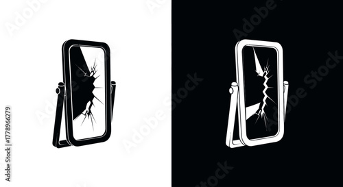 A black and a white illustration of a shattered, freestanding vanity mirror with cracks, shown on contrasting backgrounds.