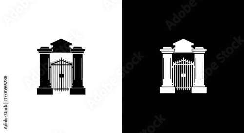 A simple black and white silhouette icon of a grand, classical-style entrance gate with large pillars, shown in positive and negative space.