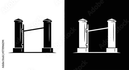 A minimalist graphic icon of an entrance turnstile, presented in both positive and negative black and white versions.