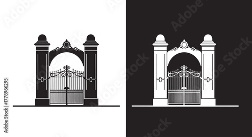 A black and white graphic illustration of a grand, ornate entrance gate with decorative pillars and an arch.