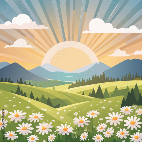 Late summer country landscape with daisies meadow and sunbeam