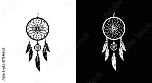 A black and white graphic illustration of a traditional dreamcatcher with feathers, shown in positive and negative space.