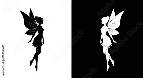 A graceful fairy with butterfly wings shown as two contrasting silhouettes, one black on white and one white on black.