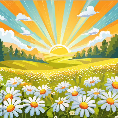 Late summer country landscape with daisies meadow and sunbeam
