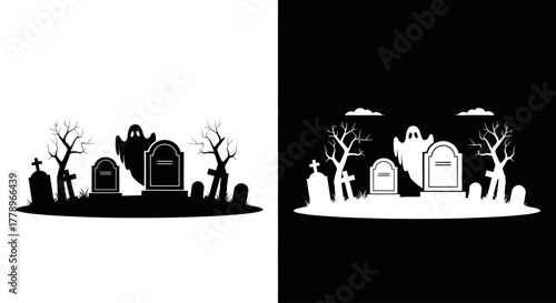 A spooky Halloween graveyard scene with a ghost, tombstones, and bare trees, presented as black and white silhouettes.