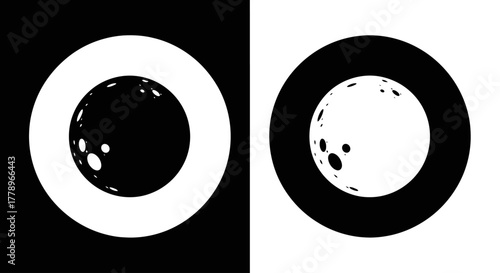 Inverted black and white moons in rings on a split background, symbolizing duality.