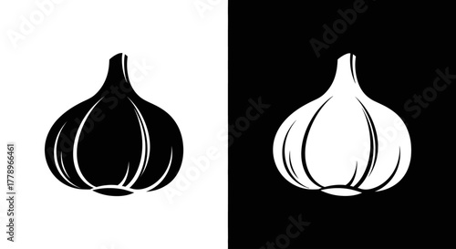 A simple, stylized graphic icon of a whole garlic bulb, shown in both black on white and white on black.