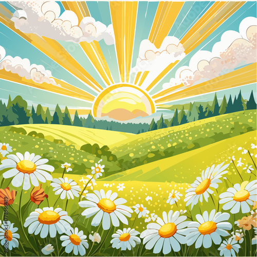 Late summer country landscape with daisies meadow and sunbeam