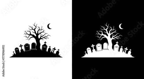 A spooky graveyard silhouette with a gnarled tree, tombstones, and a crescent moon, shown in black and white variations.