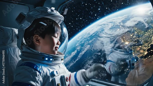 Young person in spacesuit observing planet Earth from spacecraft window