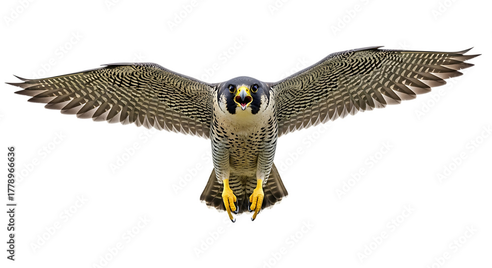 Obraz premium Peregrine falcon in flight with wings spread isolated on transparent background