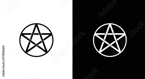 Two pentacle symbols shown side-by-side in a split black and white design, one positive and one negative.