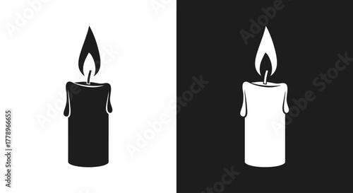 Two monochrome icons of a burning candle with a flame and dripping wax, presented in positive and negative space.
