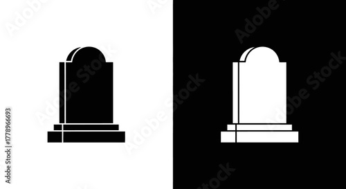 A set of two minimalist gravestone icons, one black on a white background and one white on a black background.