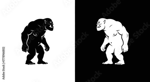 A stark black and white graphic illustration of two opposing, muscular ape-like monsters.