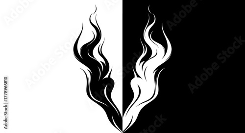 A stylized, mirrored flame design in black and white, creating a stark contrast on a vertically split background.