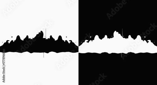 A symmetrical black and white abstract design featuring a mirrored, jagged inkblot, creating a high-contrast, yin-yang effect.