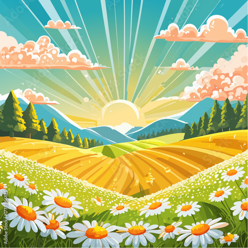 Late summer country landscape with daisies meadow and sunbeam