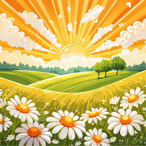 Late summer country landscape with daisies meadow and sunbeam