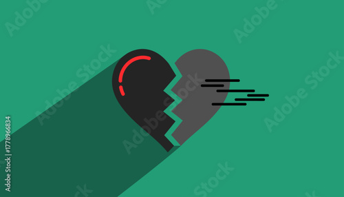 A minimalist broken heart icon with one half moving away, symbolizing heartbreak and separation.
