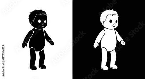 A split illustration of two baby dolls in stark contrast, one black on white and its negative image, white on black.