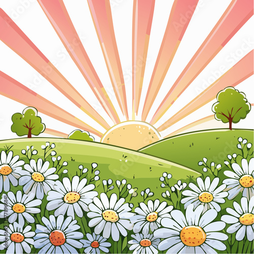 Late summer country landscape with daisies meadow and sunbeam