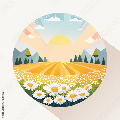 Late summer country landscape with daisies meadow and sunbeam