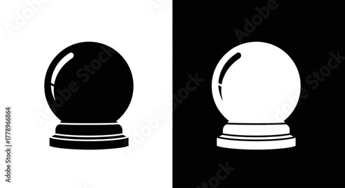 A split graphic showing a minimalist crystal ball icon in both black on white and white on black versions.