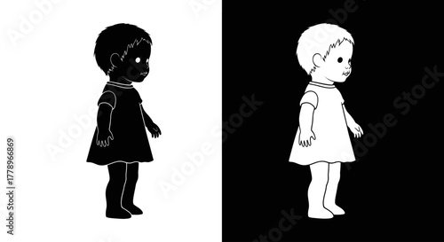 A young girl is depicted in contrasting black and white, as a silhouette and an outline, illustrating duality.