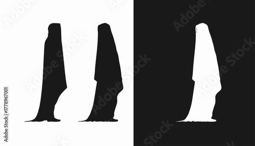 A stark, minimalist graphic depicting three silhouettes of a woman in a full-length burqa or chador.