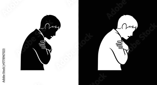 A high-contrast graphic of a young boy hugging himself, appearing sad or cold, shown in black and white silhouettes.