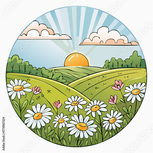 Late summer country landscape with daisies meadow and sunbeam