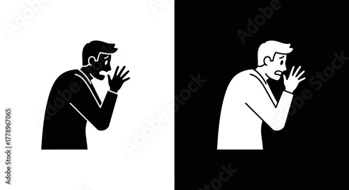 A man cups his hands to his mouth to shout, whisper, or spread a rumor, depicted in a simple black and white icon.
