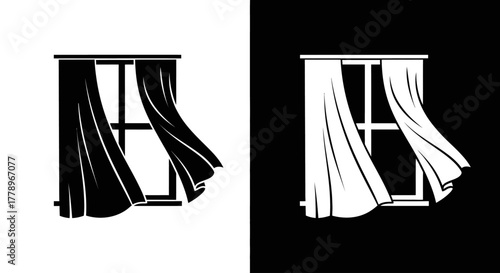 A black and white illustration of curtains blowing in the wind from an open window, shown in positive and negative space.