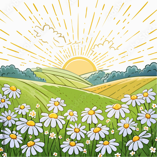Late summer country landscape with daisies meadow and sunbeam