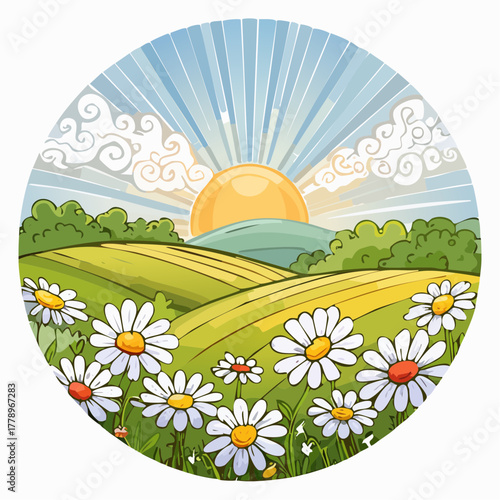 Late summer country landscape with daisies meadow and sunbeam