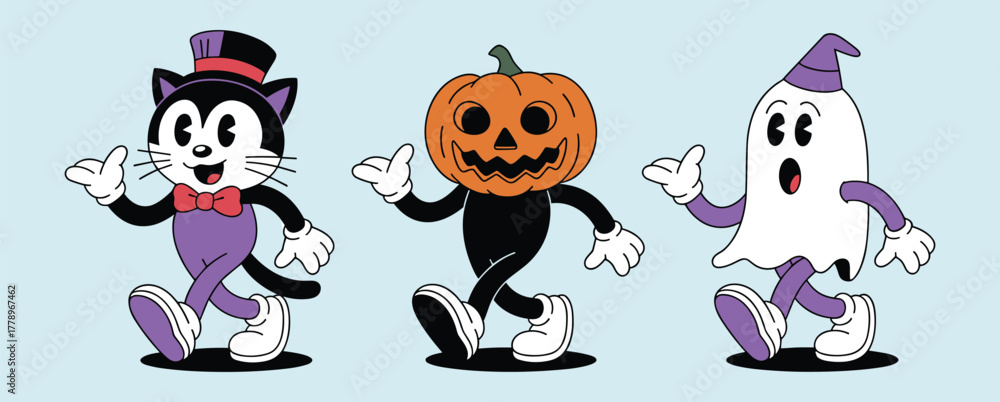 Naklejka premium Cartoon Halloween Characters Walking Together pumpkin