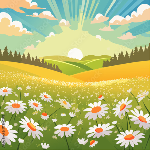 Late summer country landscape with daisies meadow and sunbeam