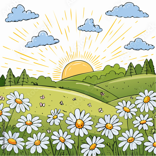Late summer country landscape with daisies meadow and sunbeam