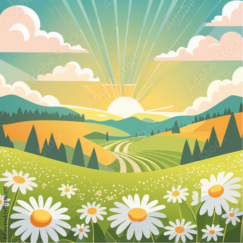 Late summer country landscape with daisies meadow and sunbeam